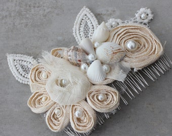 Embellished Lace Hair Comb, Pearl Hair Comb, Shell Hair Comb, Boho Hair Comb, Beach Hair Accessories, Bridal Hair Accessories, Boho Bride