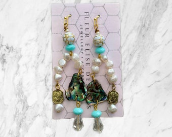 Stunning Freshwater Pearl Paua Shell Turquoise & Gold Arch Earrings, Beaded Earrings, Crystal Earrings, Statement Earrings, Pearl Chandelier