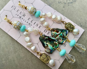 Stunning Freshwater Pearl Paua Shell Turquoise & Gold Arch Earrings, Beaded Earrings, Crystal Earrings, Statement Earrings, Pearl Chandelier