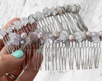 Peine de pelo hecho a mano de cristal de cuarzo Boho, plata, rosa, claro, novias de playa Boho, tocados de novia, pieza de pelo de novia