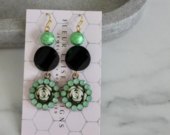 Green Rose Crystal Earrings, Gold Earrings, Dangle Earrings, Beaded Earrings, Statement Earrings, Black and Green, Flower Earrings