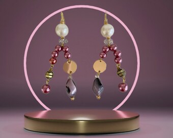 Pendientes de lágrima de perlas con cuentas de color rosa polvoriento, pendientes de declaración, pendientes con cuentas, pendientes de perlas, joyas de perlas rosas, pendientes rosas