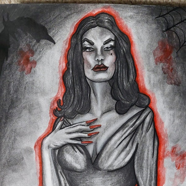 Vampira Maila Nurmi Pintura Carboncillo y Acuarela Pintura o Impresión
