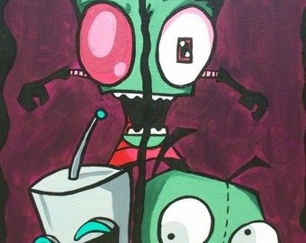 Invader Zim Fan Art Painting: Featuring Gir and Zim from the Nickelodeon Cartoon.