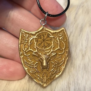 Viking Norse Celtic Crest Shield Pendant Jewelry with Stag Vegvisir and Knotwork