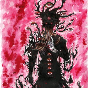 May include: Watercolor illustration of a figure with multiple eyes and tendrils against a pink and red background. The figure is primarily black with red eyes and a white-gloved hand. The artwork has a surreal, fantasy theme.