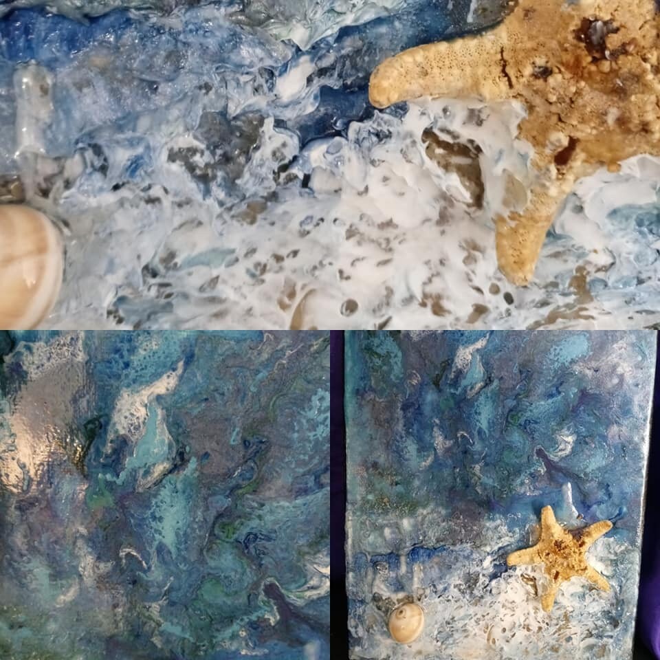 Maldives Beach Scene Summer Abstract Liquid Pour Real Shells Painting ...