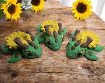 3D Printed Sunflower Turtle - 3" Matte PLA, Green Yellow Brown, Flexi Animal, Fidget Toy