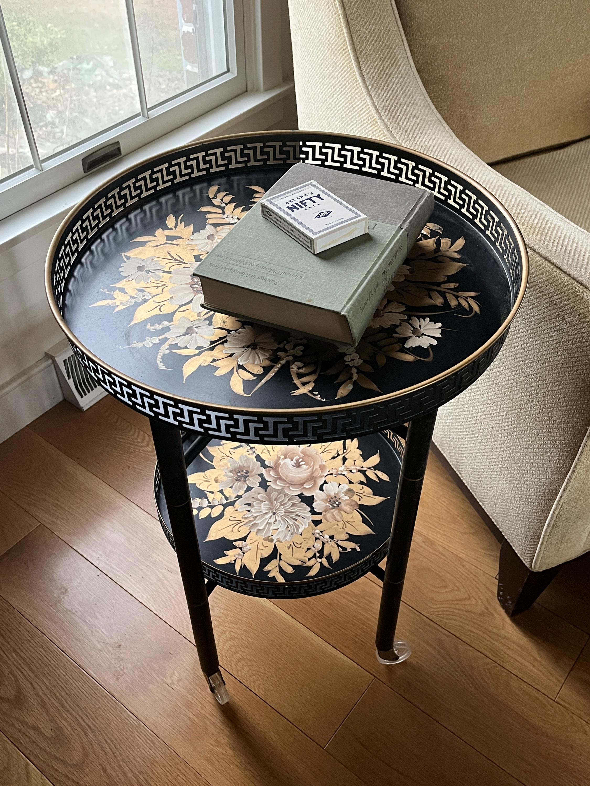 Vintage Tole Ware Tray Table, Vintage Hand Painted Two Tier Metal