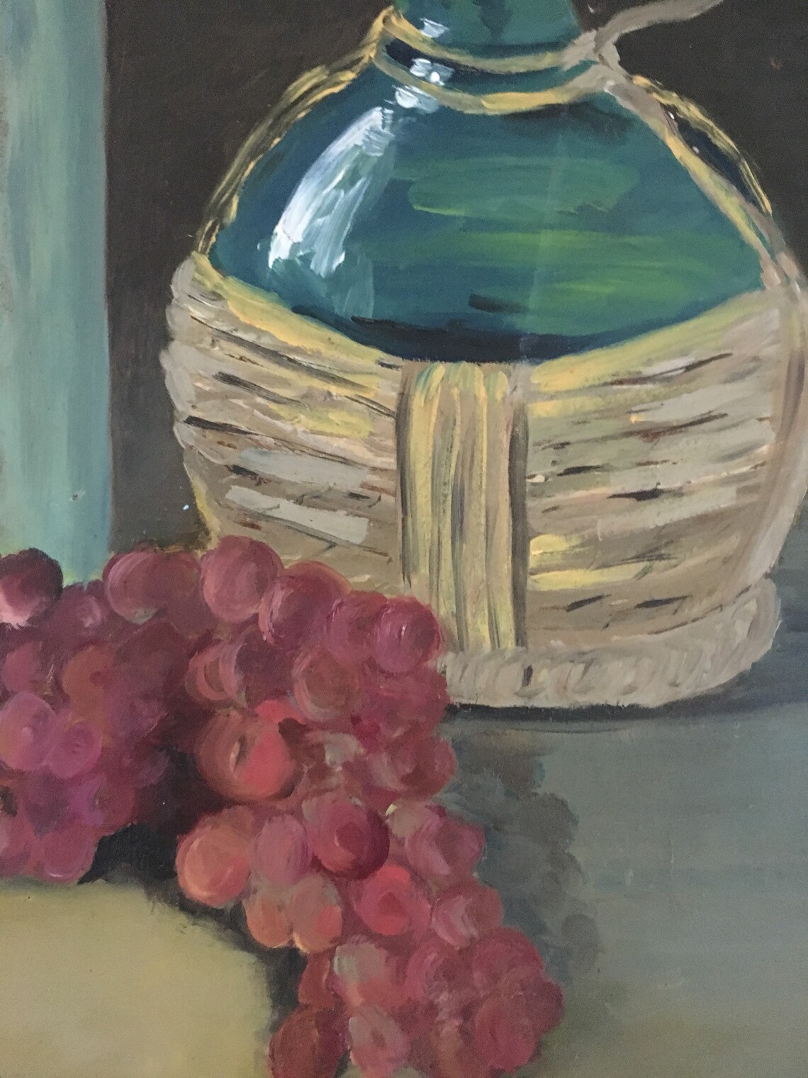 Vintage Acrylic Still Life Painting: Moody Fruit & Bottles Kitchen Art ...
