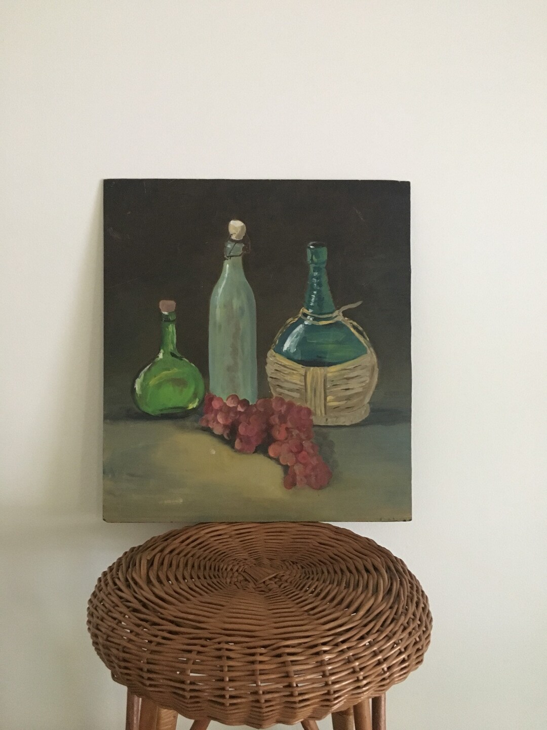 Vintage Acrylic Still Life Painting: Moody Fruit & Bottles Kitchen Art ...