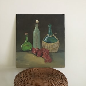 Vintage Acrylic Still Life Painting, Moody Still Life, Fruit and Bottles, Kitchen Art