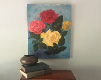 Large Vintage Floral Still Life Painting, Acrylic Still Life, Colorful Floral Painting, Pink Floral Painting, Rose Painting