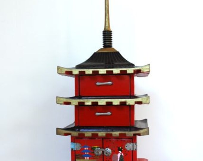Vintage Jewelry and Music Box Pagoda, Japanese, Chinoiserie, Hollywood
