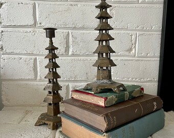 Pair of Vintage Brass Pagoda Candlesticks