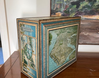Vintage New York Metal Lidded Box, 1930s Biscuit Tin of Manhattan