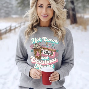 Hot Cocoa and Christmas Movies Retro Sweatshirt, Trendy Holiday Sweater, Womens Graphic Top, Cute Vintage VHS Hot Chocolate XMas Crewneck