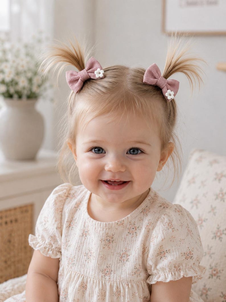 May include: A smiling toddler with blonde hair styled in two pigtails, each secured with a mauve bow and a small white flower accent. The child wears a cream-colored dress with a floral pattern.