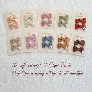 May include: Ten pairs of hair clips in soft colors, each with a bow and a small white flower. The cards read "I like you". The text on the image says "10 soft colors &bull; 2 Clips Each".