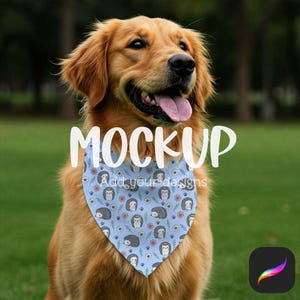 May include: A golden retriever wearing a light blue dog bandana with a pattern of hedgehogs and flowers. The word "MOCKUP" is written in white across the top of the image, with "Add your designs" below.