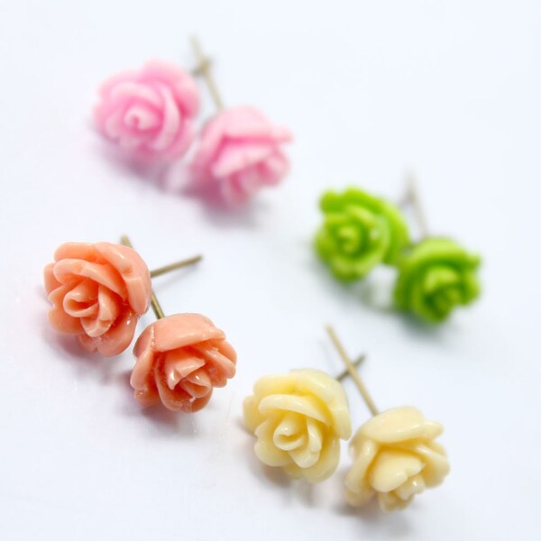 Set of 4 Flower Stud Earrings ...Pink, Green, Peach, Yellow FREE SHIPPING