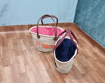 Market Basket Bag, Beach Bag with Leather Handles