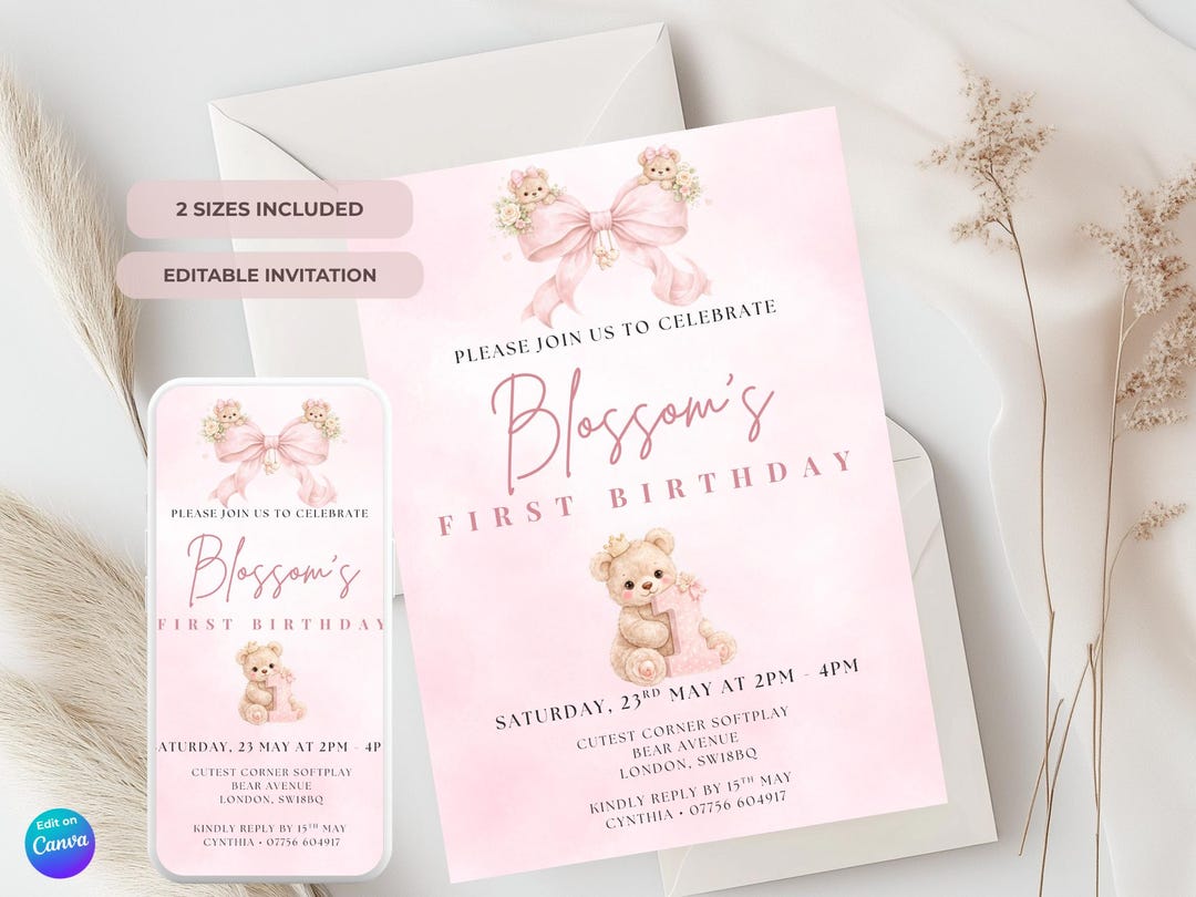 Editable Teddy Bear First Birthday Invitation, Pink Bow Baby Girl ...