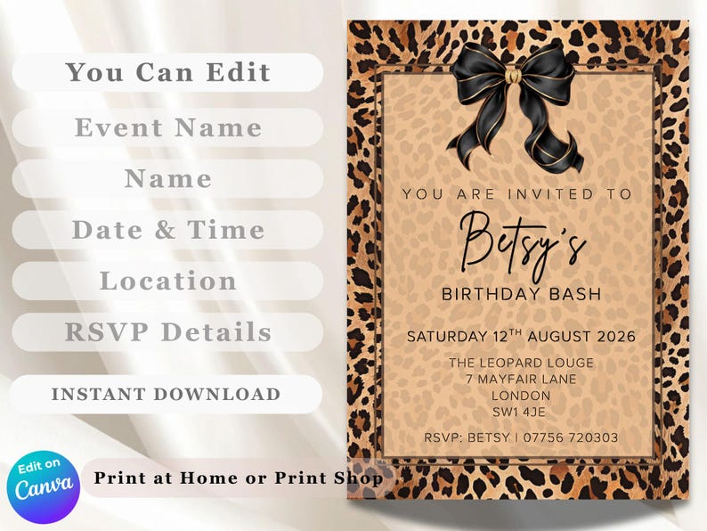 Leopard Print Birthday Invitation Template, Black Gold Bow (digital ...