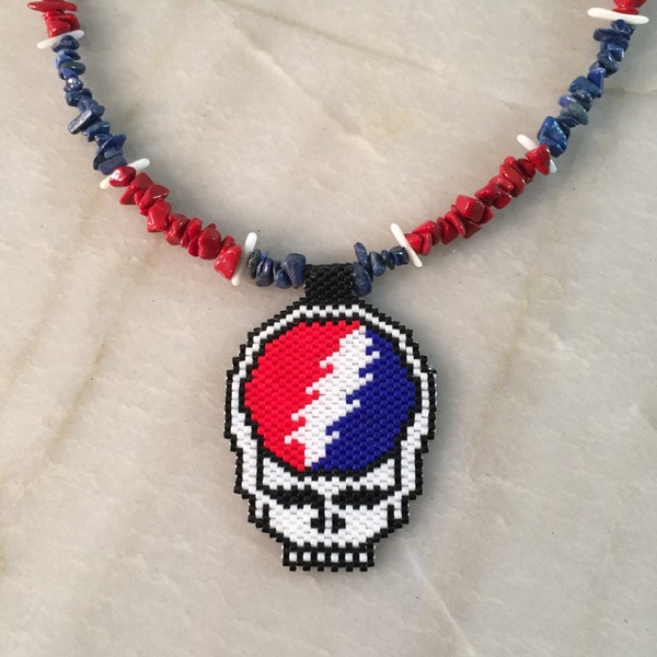 Stealie Necklace Grateful Dead inspired Peyote Stitch and Gemstones