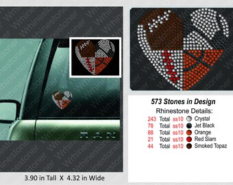 Football Soccer Baseball and Basketball Heart Rhinestone Car Decal; 4 sport decal; 4 sport sticker; rhinestone 4 sport decal; sports decal