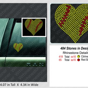 May include: A heart-shaped rhinestone design featuring a softball with red stitching. The design is made with 484 stones, including 419 citrine and 65 red Siam stones. The design measures 4.07 inches tall and 4.34 inches wide.