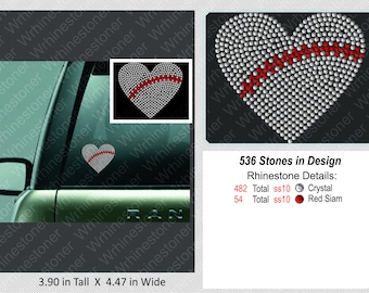 Baseball Heart II Rhinestone Car Window Decal; rhinestone baseball; baseball decal; baseball sticker; rhinestone sticker