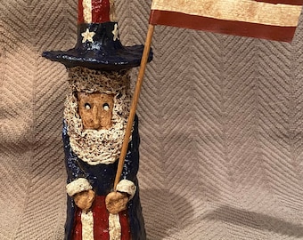 Paper Mache Unce Sam Figurine; uncle sam figurine; hand made uncle sam; red white and blue figure; paper mache uncle sam; folk art decor