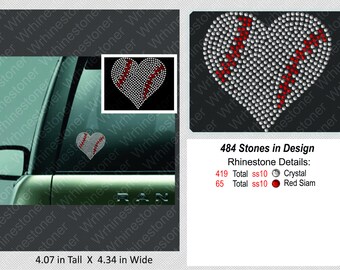 Rhinestone Baseball Heart Car Decal: Bling Sticker