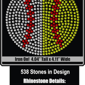 May include: Iron-on rhinestone design featuring a circle with a red and white pattern on the left side and a yellow pattern on the right side. The design measures 4.04 inches tall and 4.11 inches wide and includes 231 clear crystal rhinestones, 231 citrine rhinestones, and 76 red Siam rhinestones.