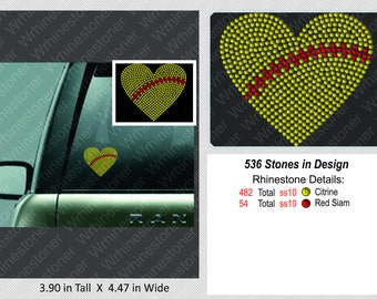 Softball Heart II Rhinestone Car Decal; softball heart; softball decal; rhinestone softball; softball sticker; rhinestone sticker; softball