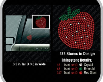 May include: A red rhinestone strawberry design with green leaves. The design is 3.5 inches tall and 3 inches wide. It uses 373 rhinestones in total: 13 crystal, 43 emerald, and 317 red Siam.
