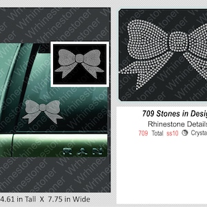May include: A silver rhinestone bow design with 709 stones. The design is 4.61 inches tall and 7.75 inches wide. The design is made with ss10 crystal rhinestones.