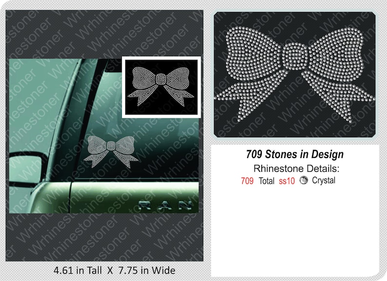 May include: A silver rhinestone bow design with 709 stones. The design is 4.61 inches tall and 7.75 inches wide. The design is made with ss10 crystal rhinestones.