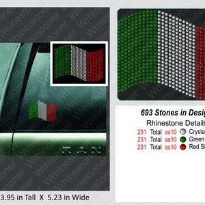 Italian Flag Waving Rhinestone Decal; flag rhinestone decal; rhinestone flag sticker; rhinestone Italian flag; flag of Italy; decal