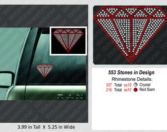 May include: A diamond-shaped rhinestone design with 553 stones, including 337 clear crystal stones and 216 red Siam stones. The design measures 3.99 inches tall and 5.25 inches wide.