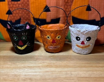 Paper Mache Halloween Cups Set of 3; paper mache; papier mache cat; paper mache pumpkin; paper mache ghost; halloween decoration; folk art