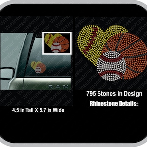 Softball, Basketball and Small Baseball Rhinestone Decal; 3 sport decal; softball sticker; softball decal; baseball decal; basketball