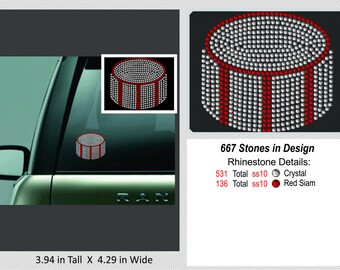 May include: A rhinestone design of a cylinder with red stripes. The design is 3.94 inches tall and 4.29 inches wide. It is made with 531 clear rhinestones and 136 red Siam rhinestones.