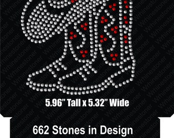 May include: A rhinestone design of a cowboy boot with a hat on top. The design is 5.96 inches tall and 5.32 inches wide. It is made up of 662 rhinestones, 616 clear and 46 red.