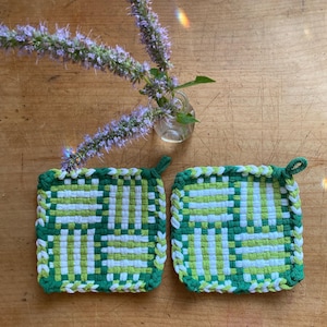 Handmade Loomed Potholders | Set of 2 | Oven Mitts | Trivet | Green and White