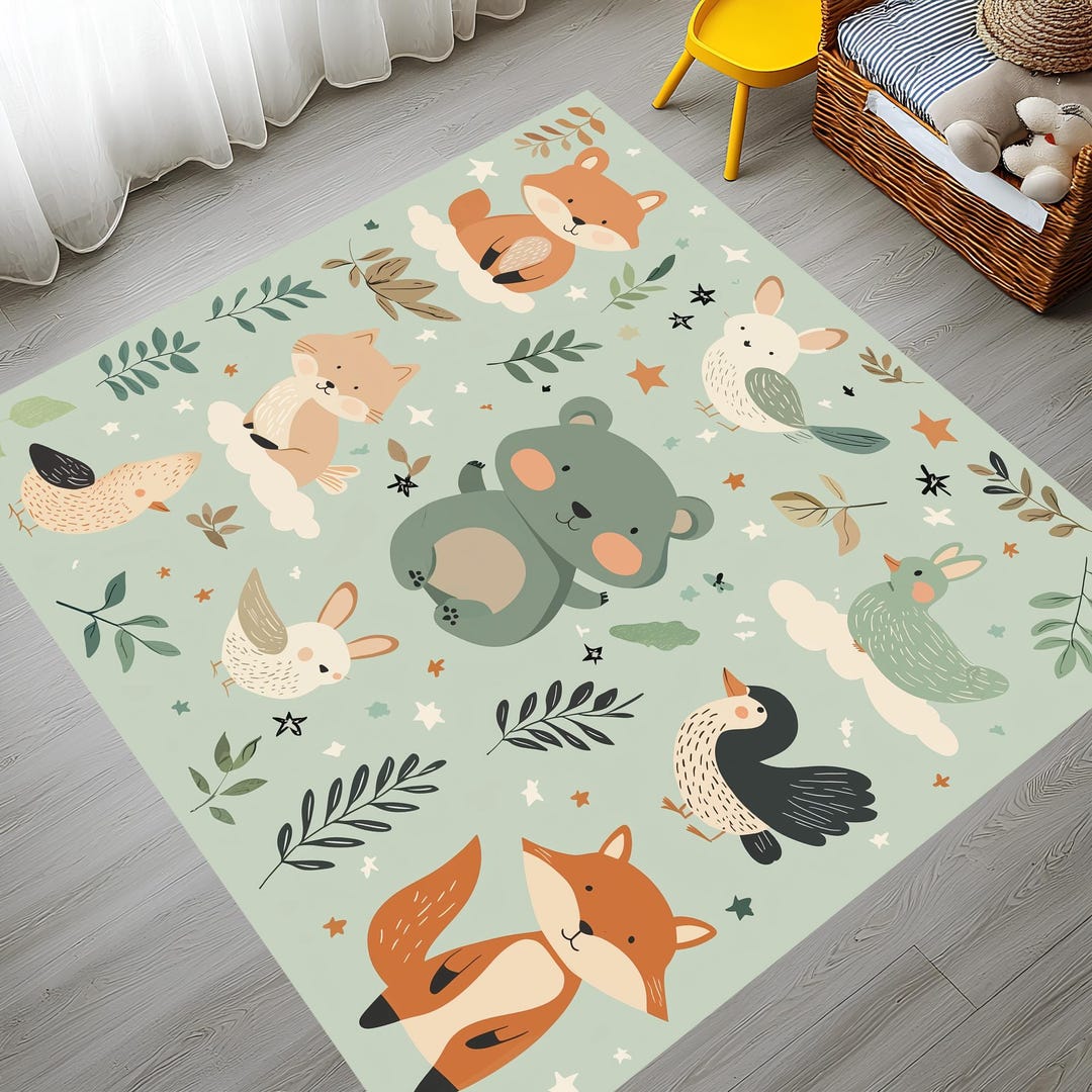 Kids Forest Animals Rug, Fox Bear Nursery Mat, Washable Non-slip - Etsy