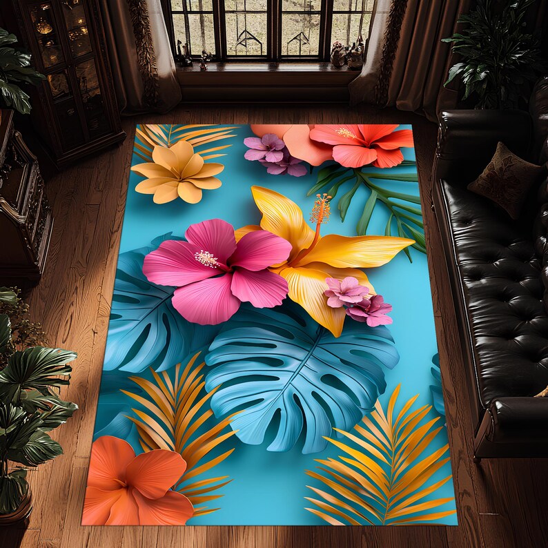 Hibiscus Rug Tropical Hibiscus Flower Rug, Living Room Rug, Area Rug, Colorful ...