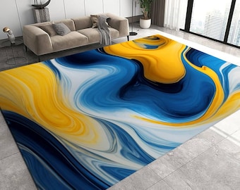 Blue Yellow Fluid Art Rug, Abstract Area Rug, Modern Living Room Carpet, Artistic Floor Decor, Washable Rug, Non Slip Rug