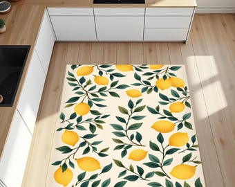 Lemon Kitchen Rug, Yellow Citrus Fruit Area Rug, Botanical Print Mat, Washable Rug, Non Slip Rug